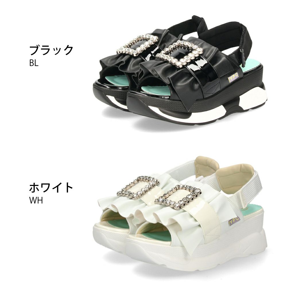 ヨースケ 厚底サンダル レディース ブラック ホワイト 黒 白 ビジュー フリル バックストラップ YOSUKE 4450033