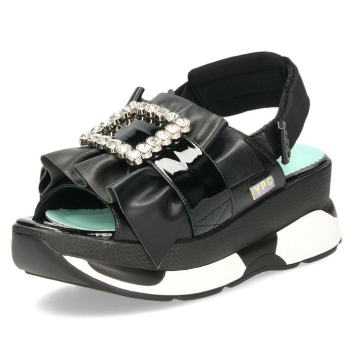 ヨースケ 厚底サンダル レディース ブラック ホワイト 黒 白 ビジュー フリル バックストラップ YOSUKE 4450033