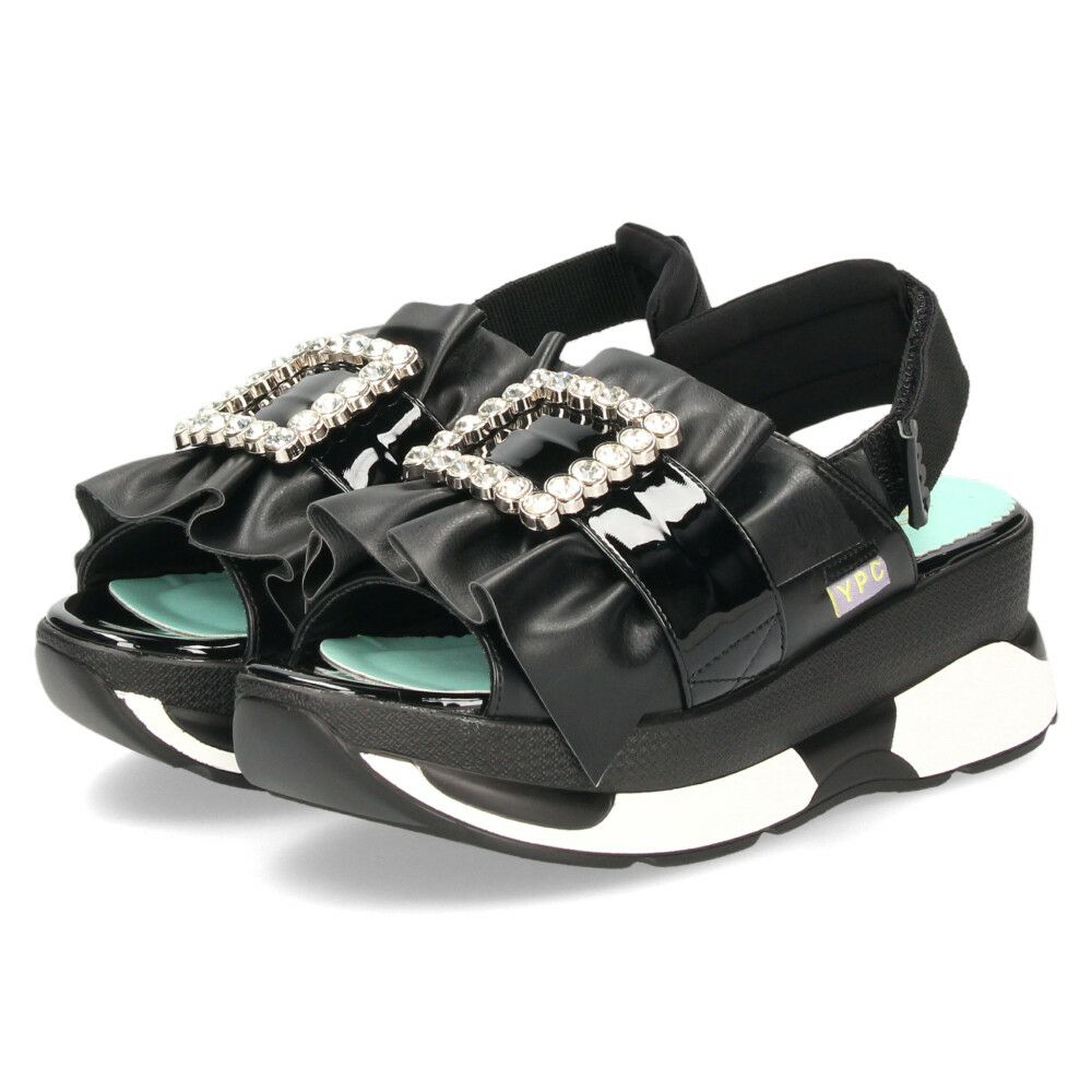 ヨースケ 厚底サンダル レディース ブラック ホワイト 黒 白 ビジュー フリル バックストラップ YOSUKE 4450033