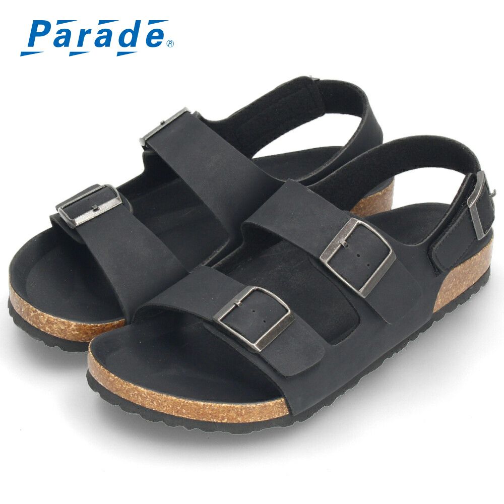 メンズ サンダル カジュアル フットベッド 2本ベルト ぺたんこ 歩きやすい コンフォートサンダル ベルクロ ブラック 黒  Parade 2270