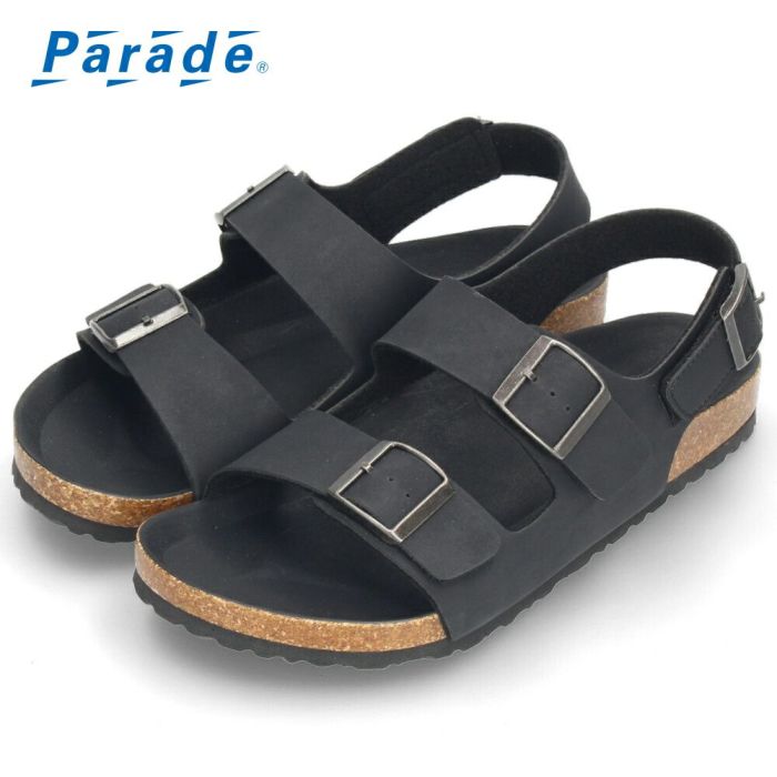 メンズ サンダル カジュアル フットベッド 2本ベルト ぺたんこ 歩きやすい コンフォートサンダル ベルクロ ブラック 黒  Parade 2270