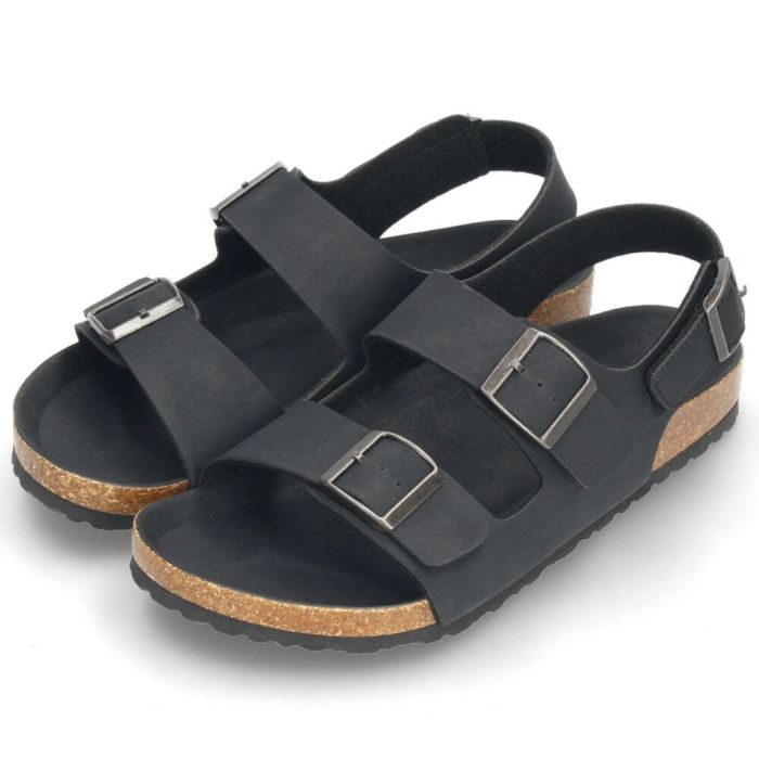 メンズ サンダル カジュアル フットベッド 2本ベルト ぺたんこ 歩きやすい コンフォートサンダル ベルクロ ブラック 黒  Parade 2270