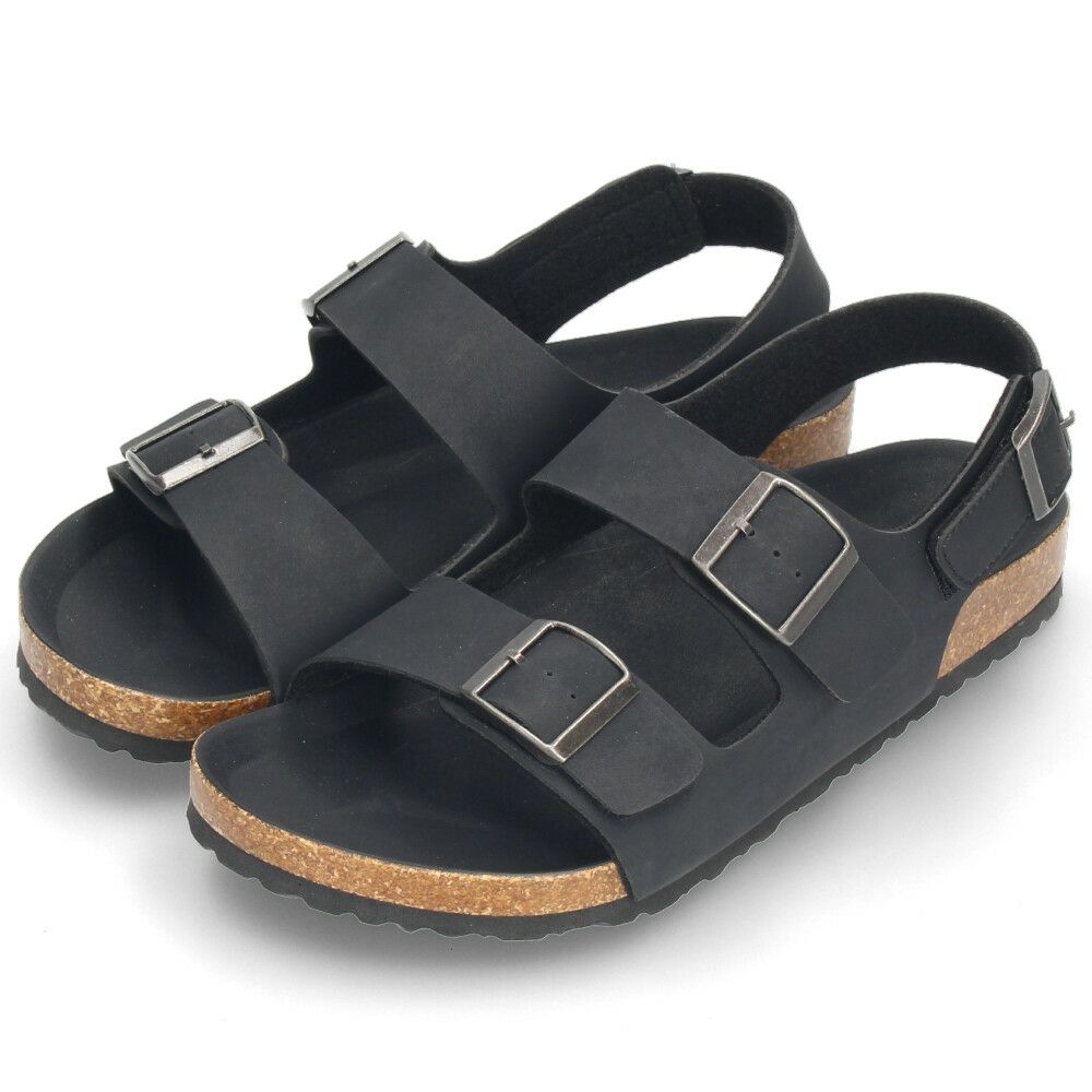 メンズ サンダル カジュアル フットベッド 2本ベルト ぺたんこ 歩きやすい コンフォートサンダル ベルクロ ブラック 黒  Parade 2270