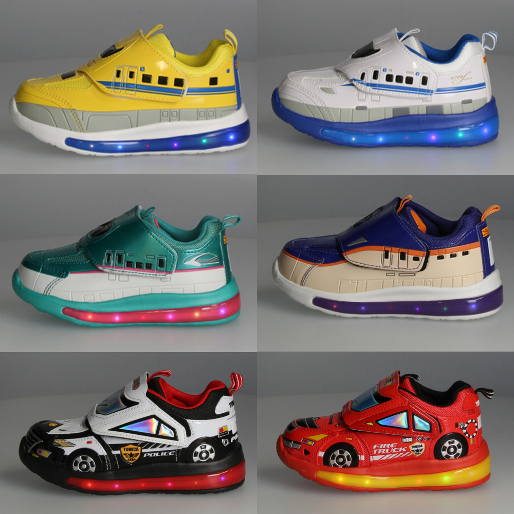 光る靴 プラレール スニーカー キッズ 新幹線 電車 ドクターイエロー はやぶさ 子供靴 ベルクロ 軽量 フラッシュシューズ PLARAIL 16312 16313 16314