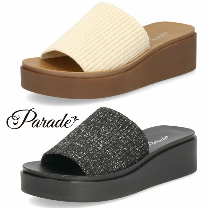 サンダル レディース 厚底 つっかけ ヒール おしゃれ ミュール 黒 履きやすい かかとなし ブラックラメ アイボリー 45108 パレード Parade