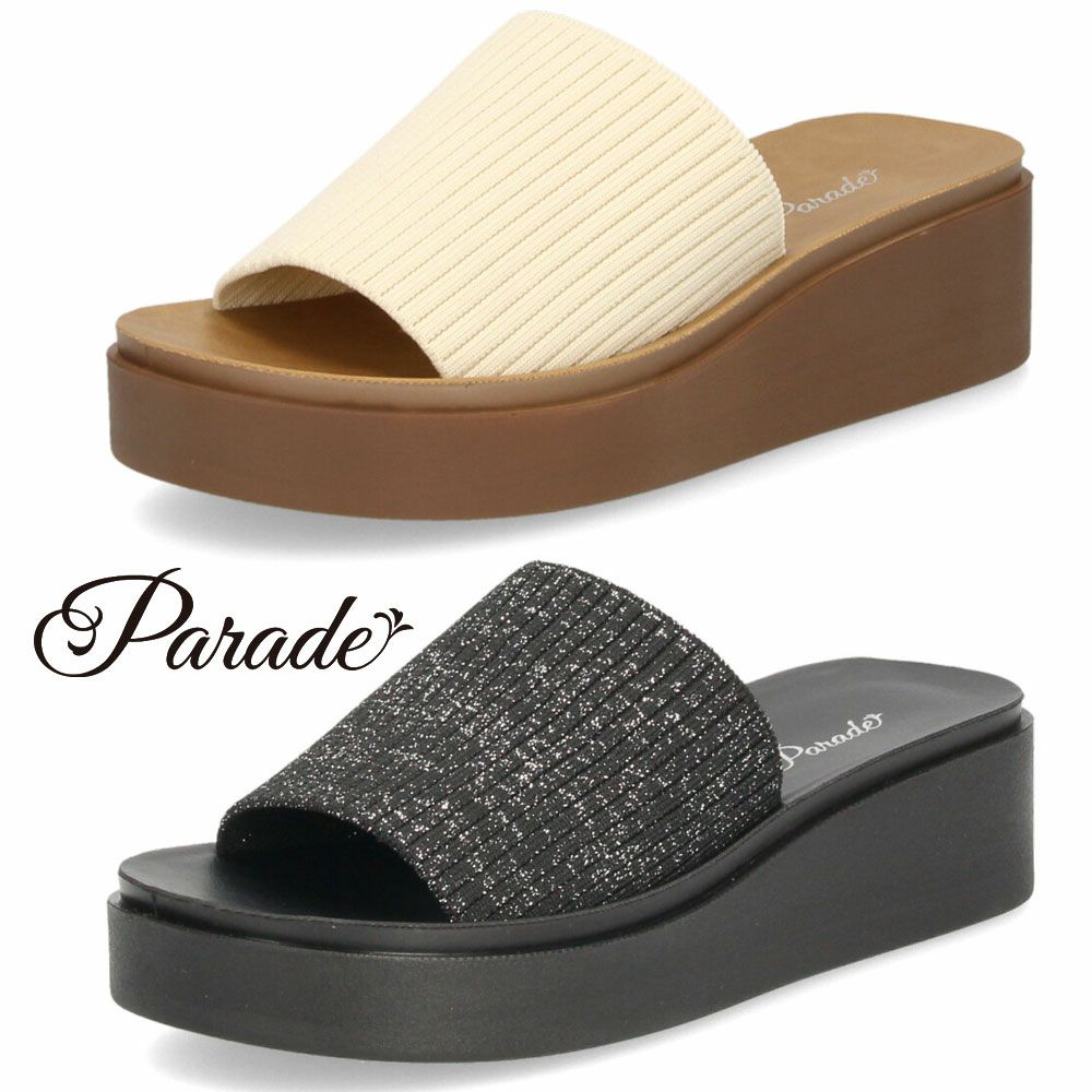 サンダル レディース 厚底 つっかけ ヒール おしゃれ ミュール 黒 履きやすい かかとなし ブラックラメ アイボリー 45108 パレード Parade