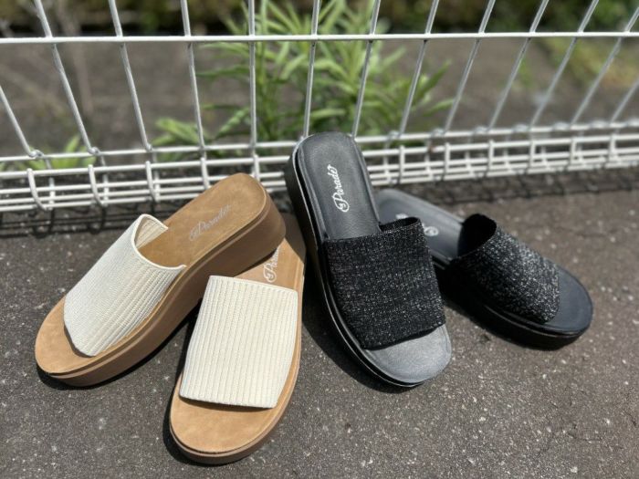 サンダル レディース 厚底 つっかけ ヒール おしゃれ ミュール 黒 履きやすい かかとなし ブラックラメ アイボリー 45108 パレード Parade