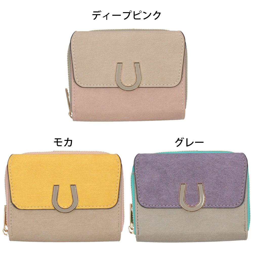 財布 レディース 二つ折り かわいい 大容量 コンパクト 多収納 お札折らない ミニ財布 ウォレット トライカラー ファスナー 馬蹄モチーフ LAMB MODE ラムモード 37891T