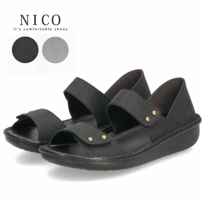 サンダル レディース 疲れない 本革 厚底 コンフォートサンダル 幅広 甲高 軽量 ローヒール 黒 8868 かかとが踏める 2way ミュール オープントゥ レザー ニコ 靴 NICO 日本製