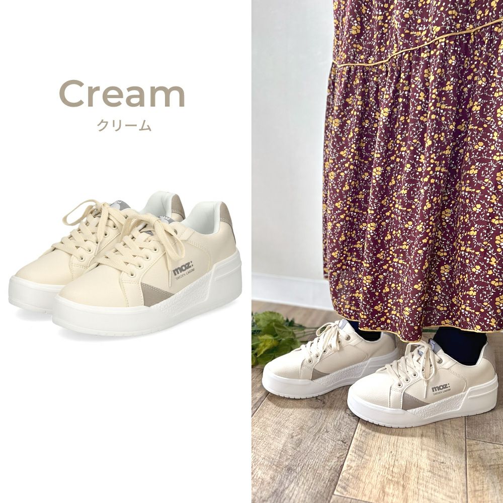モズ スニーカー レディース 軽量 厚底 歩きやすい かわいい ローカット レースアップ カジュアル シンプル 黒 白 北欧 moz 25151