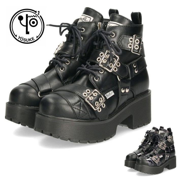 ヨースケ 厚底レースアップブーツ レディース 防滑 黒 ブラック 厚底ブーツ スタイルアップ ベルト付き おしゃれ YOSUKE 6310008