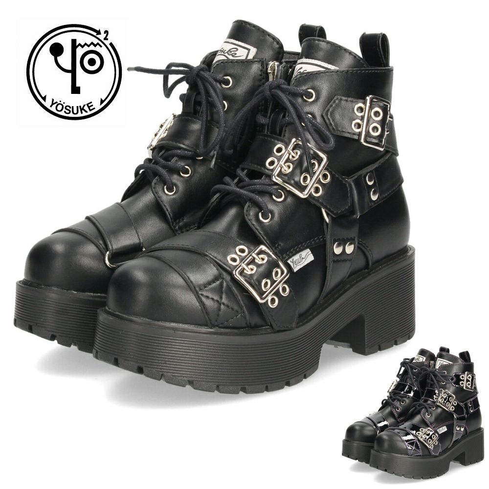 ヨースケ 厚底レースアップブーツ レディース 防滑 黒 ブラック 厚底ブーツ スタイルアップ ベルト付き おしゃれ YOSUKE 6310008