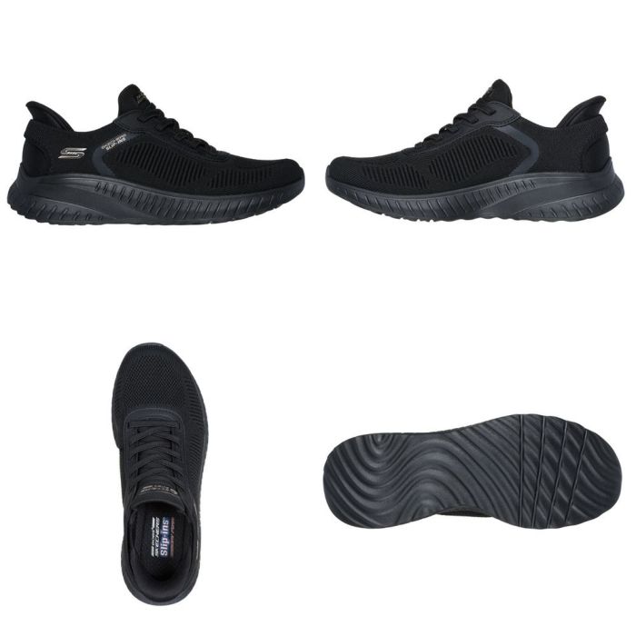 スケッチャーズ スリップインズ レディース ワイド 幅広 スニーカー 黒 スリッポン SKECHERS Slip-ins ボブス スポート スクワッド カオス 117497W BBK TPE ゆったり ハンズフリー