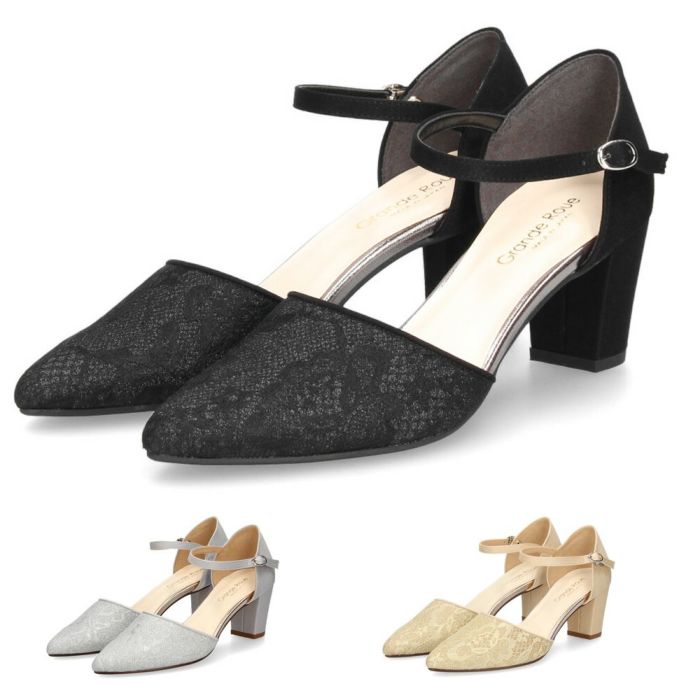 パンプス ストラップ レディース アンクルストラップ ポインテッドトゥ セパレート チャンキーヒール 結婚式　パーティー 卒業式 入学式 グランルー Grande Roue 241009 華やか 上品 大人 オフィス