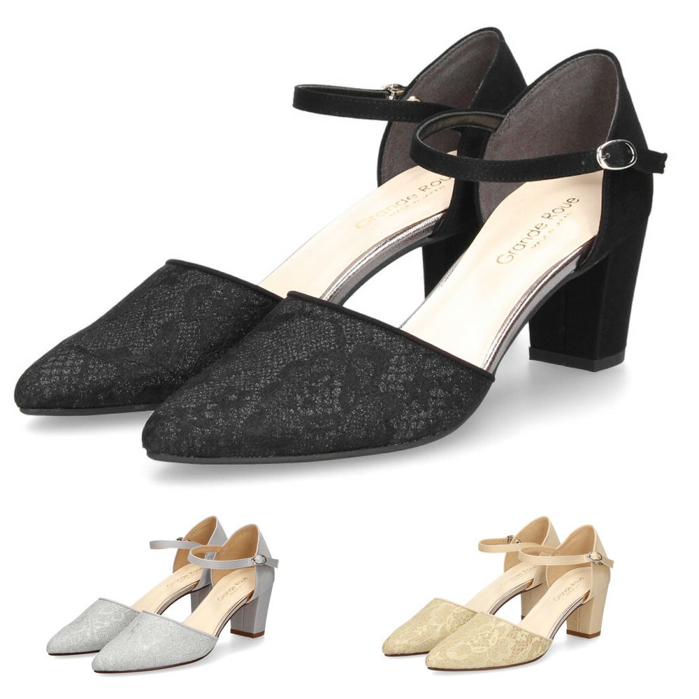 パンプス ストラップ レディース アンクルストラップ ポインテッドトゥ セパレート チャンキーヒール 結婚式　パーティー 卒業式 入学式 グランルー Grande Roue 241009 華やか 上品 大人 オフィス