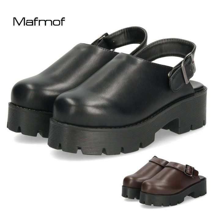 サボ サンダル レディース 厚底 ミュール ストラップ 2WAY 甲深 スタイルアップ カジュアル 大人 上品 きれいめ マフモフ Mafmof 1130WK 黒 ブラック ダークブラウン