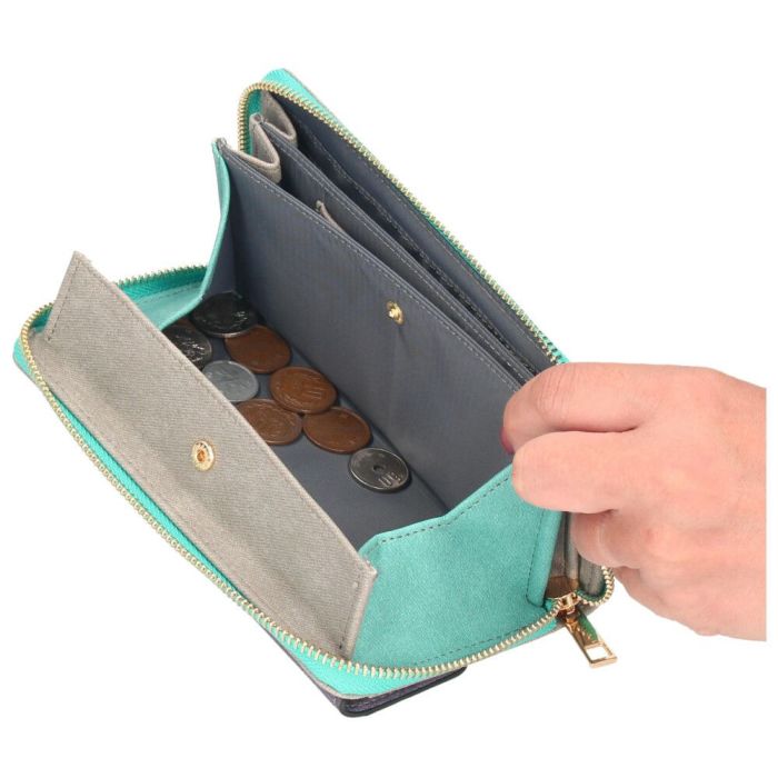 財布 レディース 長財布 多収納 ポケット 小銭入れ ラウンドファスナー 大人 グレー ピンク モカ 馬蹄モチーフ カード収納 高見え 上品 エポメタル デニムライク ラムモード LAMB MODE 37892