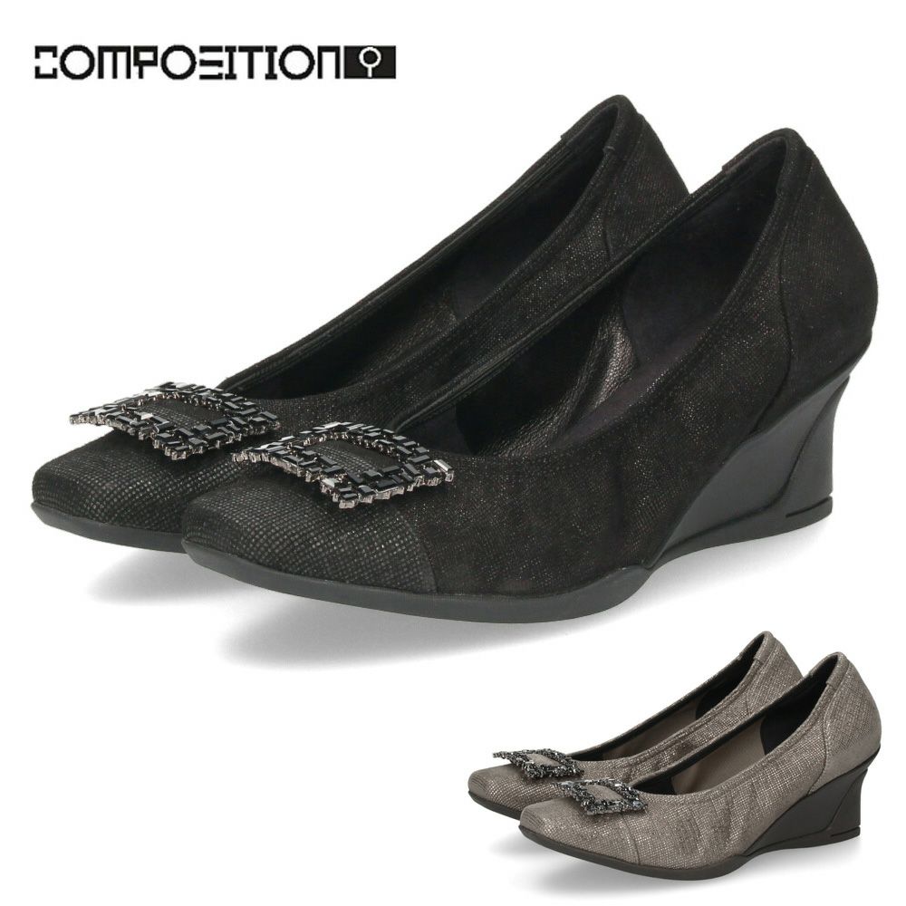 パンプス 黒 レディース おしゃれ ブラック エタン 通勤 靴 スクエアトゥ ウェッジソール コンポジションナイン ビジュー バックル コンフォートパンプス 3092 COMPOSITION9