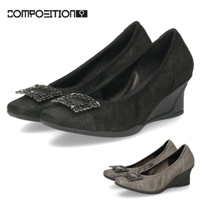 パンプス 黒 レディース おしゃれ ブラック エタン 通勤 靴 スクエアトゥ ウェッジソール コンポジションナイン ビジュー バックル コンフォートパンプス 3092 COMPOSITION9
