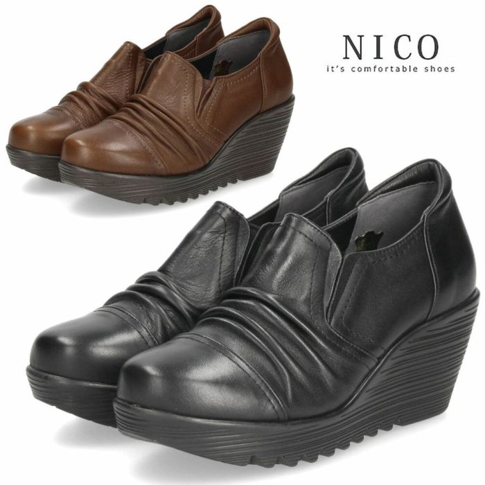 スリッポン レディース レザー 厚底 パンプス 履きやすい 靴 幅広 3E 黒 茶色 ウェッジソール 本革 ブラック ブラウン 日本製 ニコ 3992 NICO