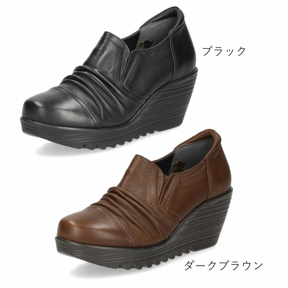 スリッポン レディース レザー 厚底 パンプス 履きやすい 靴 幅広 3E 黒 茶色 ウェッジソール 本革 ブラック ブラウン 日本製 ニコ 3992 NICO