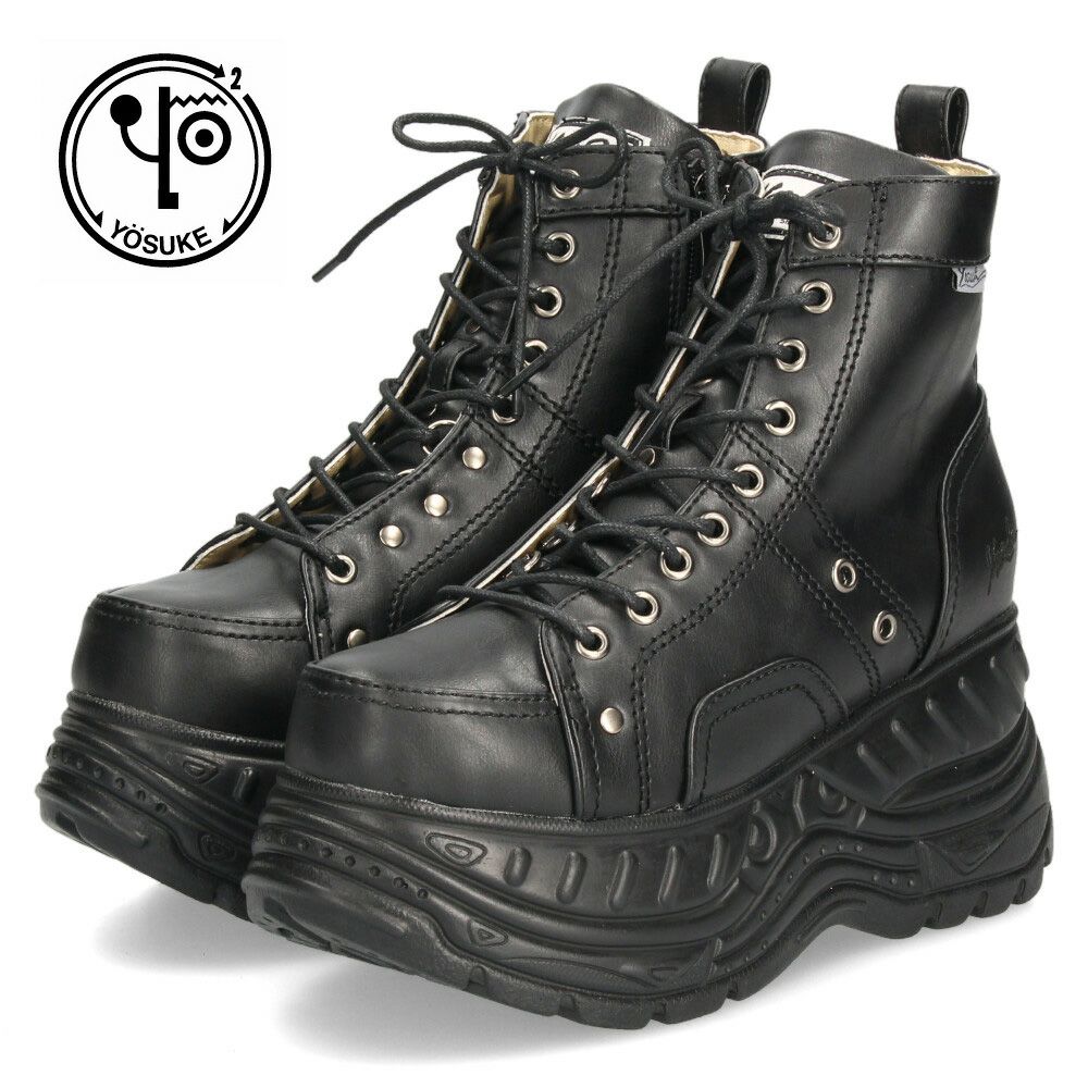 ヨースケ 厚底 スニーカー 黒 ブーツ レディース 靴 ゆったり 3E 幅広 レースアップ シューズ ファスナー付き 4460013 ブラック YOSUKE