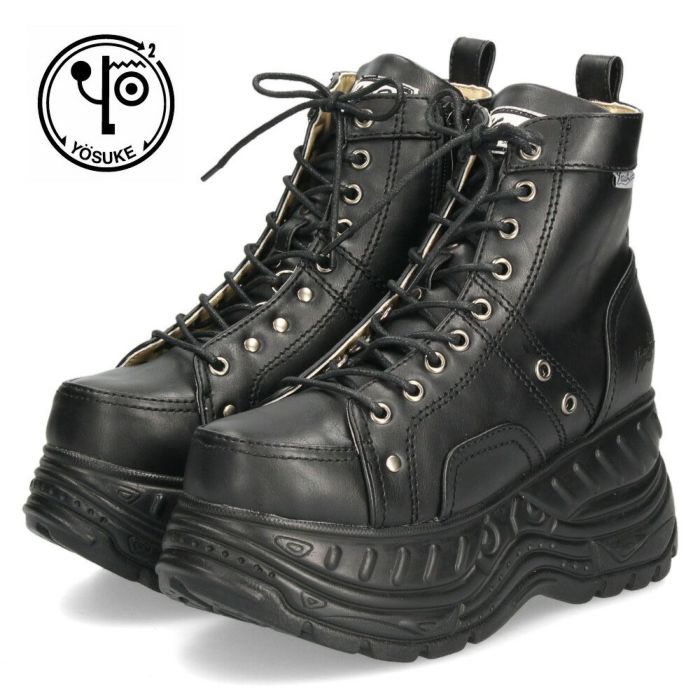 ヨースケ 厚底 スニーカー 黒 ブーツ レディース 靴 ゆったり 3E 幅広 レースアップ シューズ ファスナー付き 4460013 ブラック YOSUKE