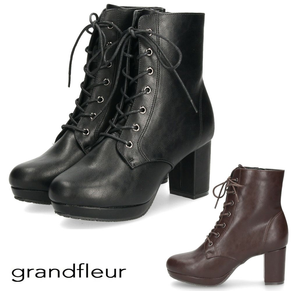 ショートブーツ レディース レースアップ チャンキーヒール サイドジップ ダークブラウン ブラック ZN8001 グランドフルール grandfleur