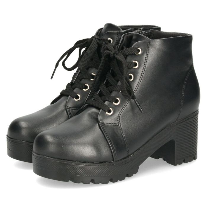 レディース ブーツ 黒 レースアップ 厚底 ファスナー付き ショートブーツ 靴 ブラック 7826 Parade