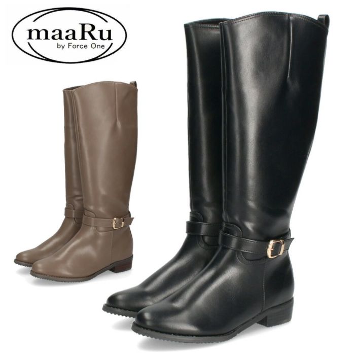 ブーツ ジョッキーブーツ ロングブーツ ローヒール ファスナー付き ブラック 黒 ベージュ4611 マアル maaRu