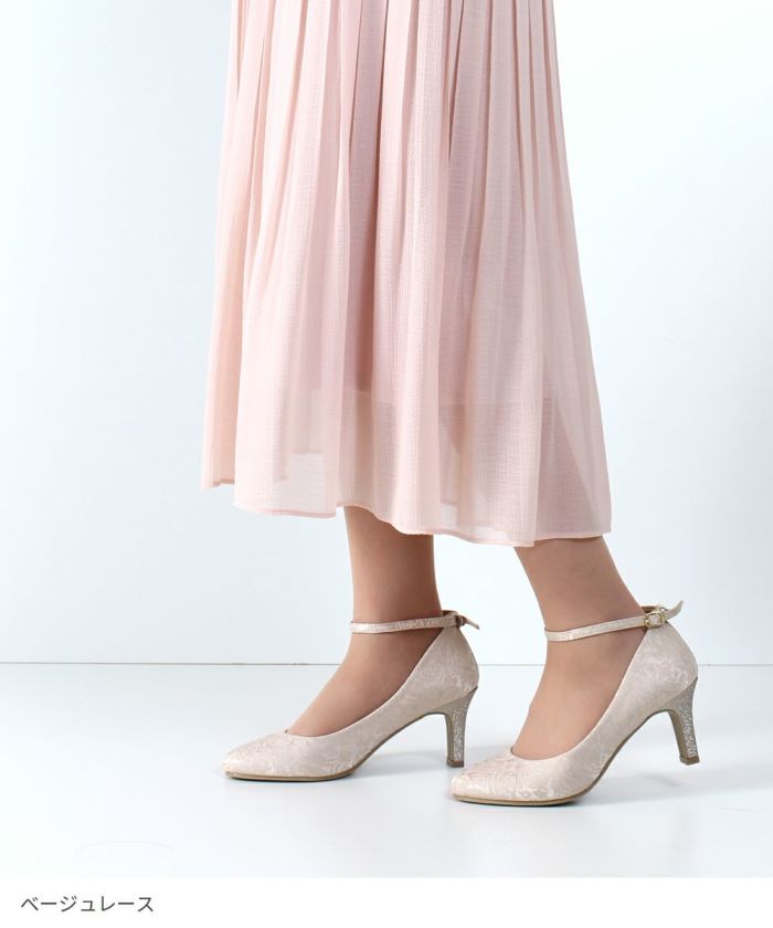 パンプス 結婚式 靴 アンクルストラップ 7cm 7センチヒール 二次会 パーティ 痛くない ラメ グリッター サテン レース ハイヒール お呼ばれ 2way 黒 18160 極ふわっ Parade レディース