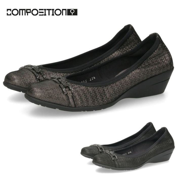 パンプス 黒 レディース おしゃれ ブラック エレガント 靴 スクエアトゥ ウェッジソール コンポジションナイン ビジュー チェーン コンフォートパンプス 3095 COMPOSITION9