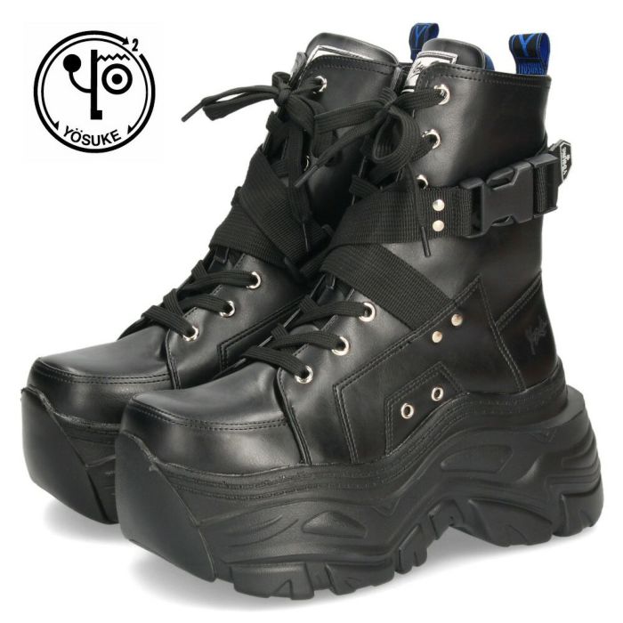 ヨースケ 厚底スニーカー 厚底ブーツ 靴 レディース 黒 レースアップシューズ レースアップブーツ 幅広 3E ブラック YOSUKE 4460079
