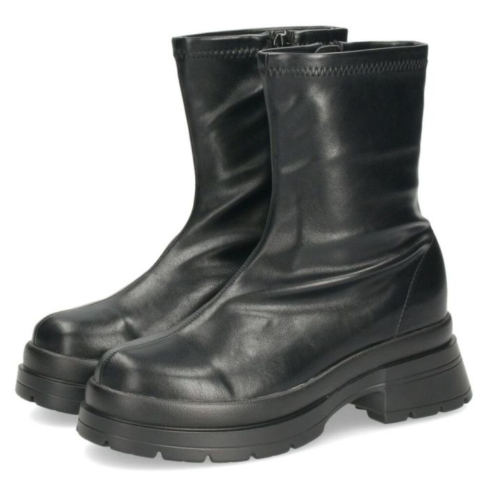 ショートブーツ レディース 厚底 黒 おしゃれ ストレッチブーツ トラックソール ヒール 6cm サイドジップ 合皮 CT-7912 ブラック