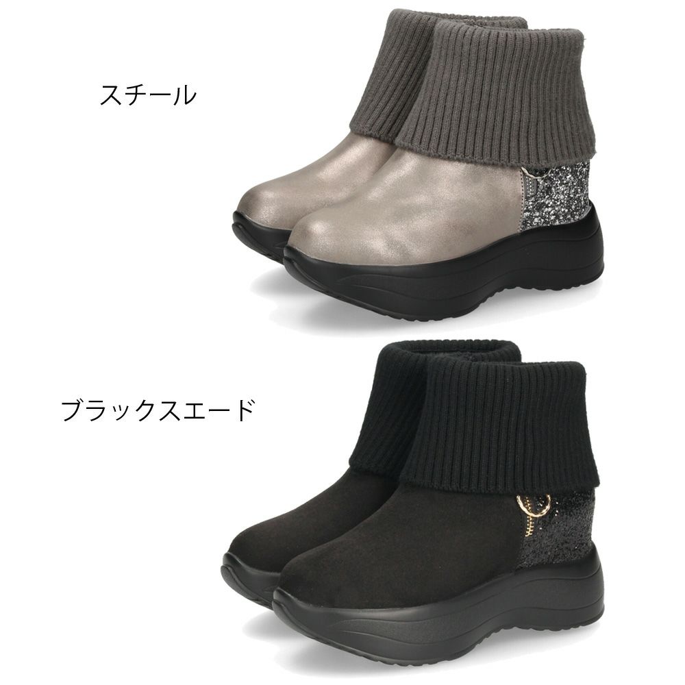 ブーツ レディース 厚底 グリッターリブニットインヒールショートブーツ 靴 ファスナー 防寒 黒 ブラックスエード スチール ムーム MUUM XJ304