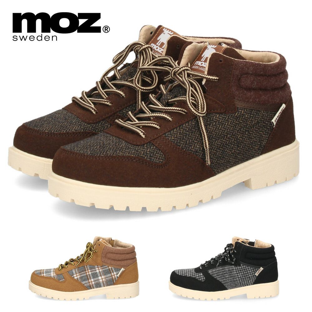 moz モズ ブーツ レディース 防水 撥水 靴 シューズ スニーカー ハイカット レースアップ ツイード  402507 アウトドア 冬 雪 雨 アンクル丈