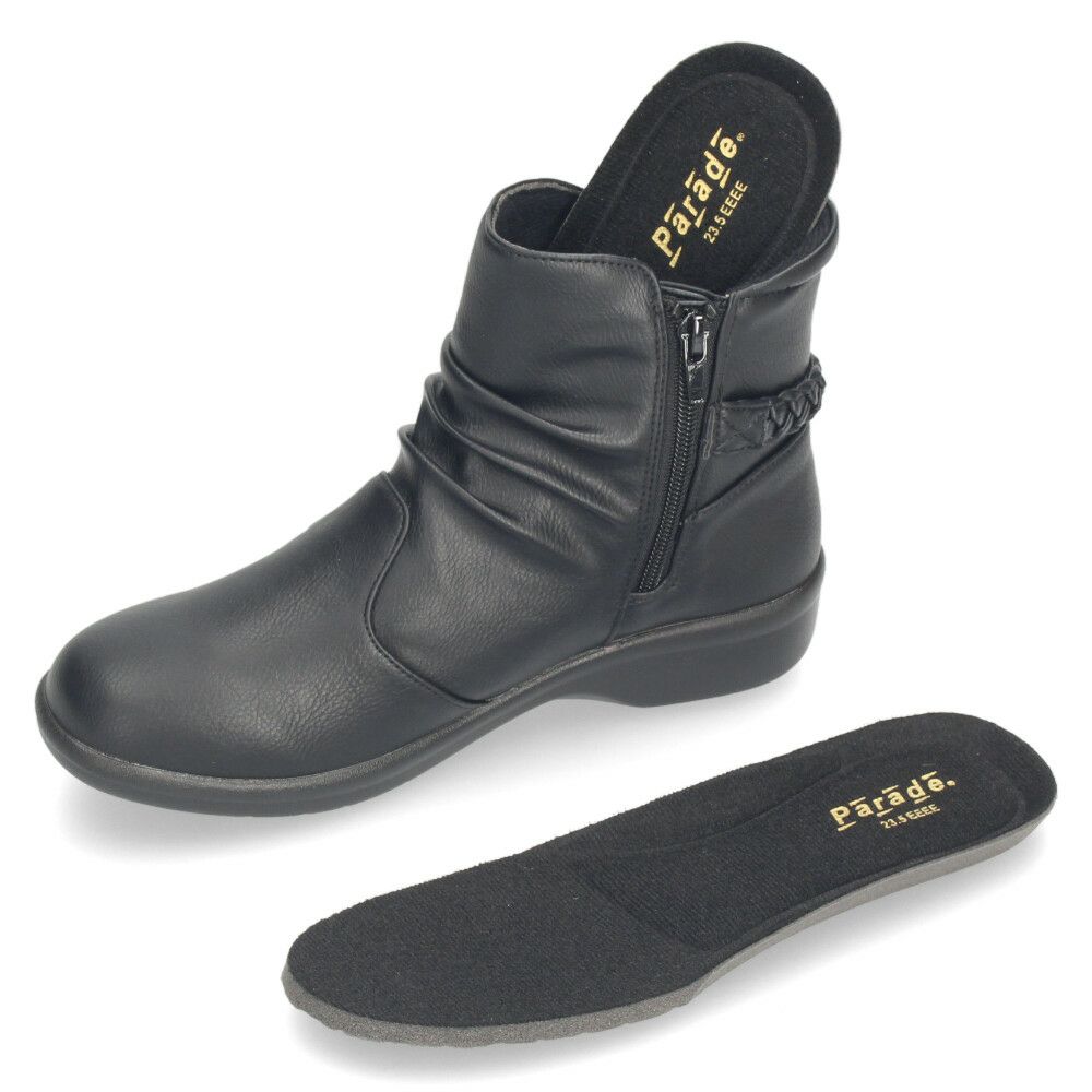 ショートブーツ レディース ブーツ 防水 防寒 幅広 4E ゆったり 黒 ブラック 晴雨兼用 履きやすい 柔らかい ローヒール Parade パレード 52907