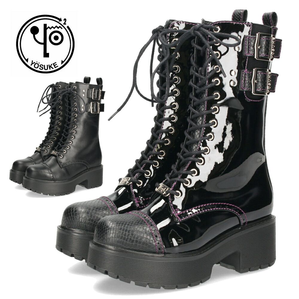 ヨースケ ブーツ 厚底レースアップブーツ 靴 レディース  YOSUKE 6310028 レースアップ サイドファスナー 防滑ソール 幅広 3E ブラック 黒
