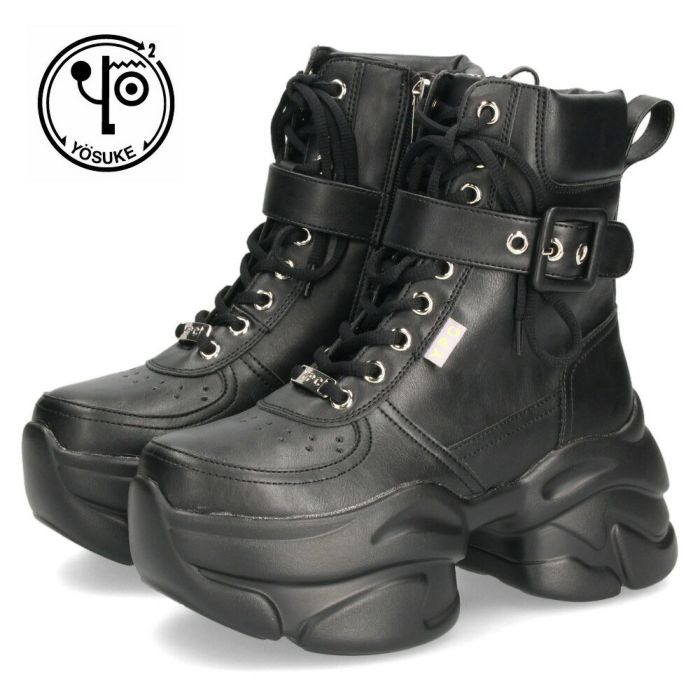 ヨースケ 厚底ハイカットスニーカー レースアップ サイドファスナー 靴 レディース YOSUKE 4450082 幅広 3E ブラック 黒 ブーツ 厚底ブーツ