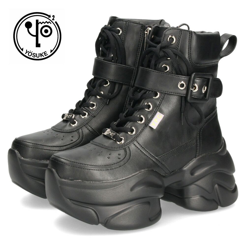 ヨースケ 厚底ハイカットスニーカー レースアップ サイドファスナー 靴 レディース YOSUKE 4450082 幅広 3E ブラック 黒 ブーツ 厚底ブーツ