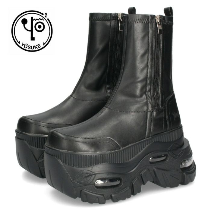 ヨースケ 厚底スニーカー サイドファスナー 靴 レディース YOSUKE 4460113 サイドファスナー 幅広 3E ブラック 黒 ブーツ 厚底ブーツ