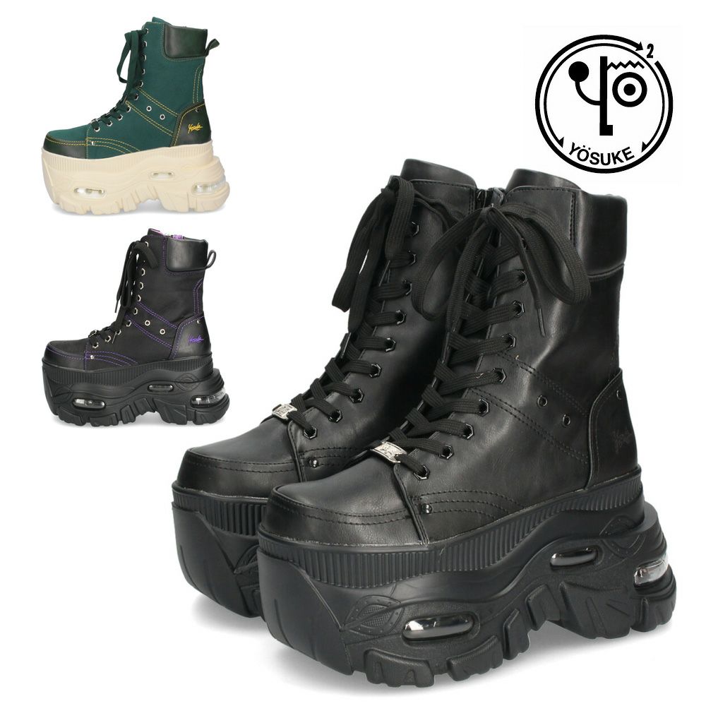 ヨースケ 厚底ハイカットスニーカー レースアップ サイドファスナー 靴 レディース YOSUKE 4460114 幅広 3E ブラック 黒 ブーツ 厚底ブーツ