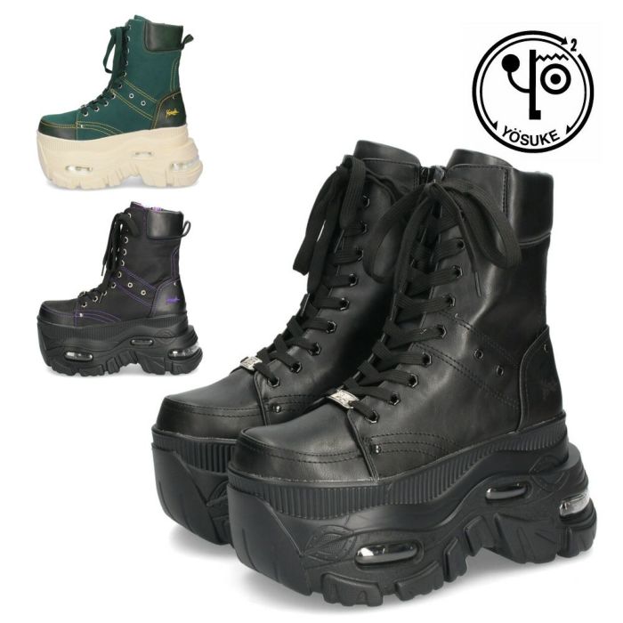 ヨースケ 厚底ハイカットスニーカー レースアップ サイドファスナー 靴 レディース YOSUKE 4460114 幅広 3E ブラック 黒 ブーツ 厚底ブーツ