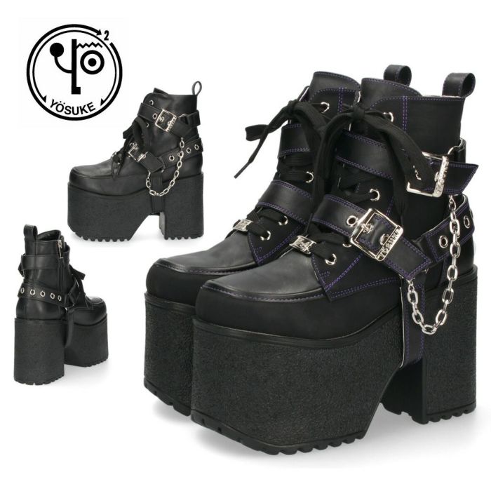 ヨースケ 厚底ブーツ レディース 靴 YOSUKE 4460118 ベルト チェーン サイドファスナー レースアップ 幅広 3E ブラック 黒 ブーツ