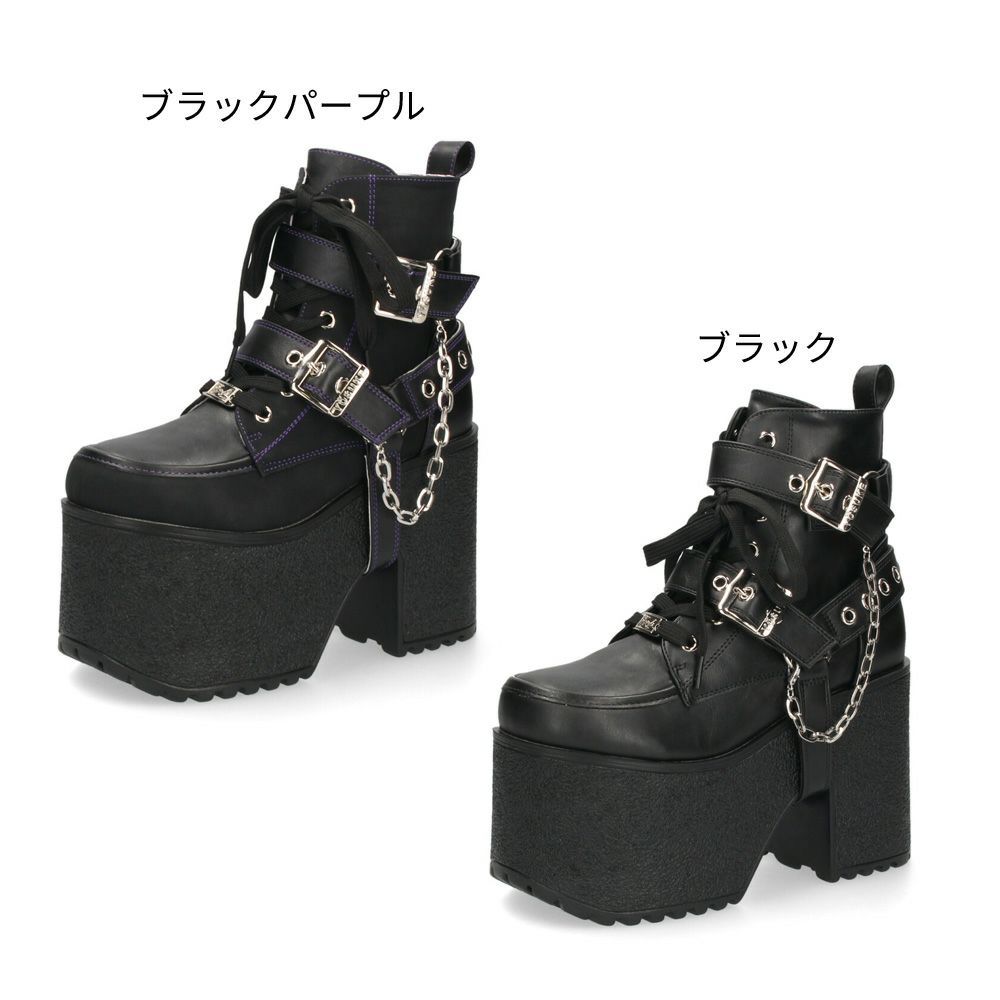 ヨースケ 厚底ブーツ レディース 靴 YOSUKE 4460118 ベルト チェーン サイドファスナー レースアップ 幅広 3E ブラック 黒 ブーツ