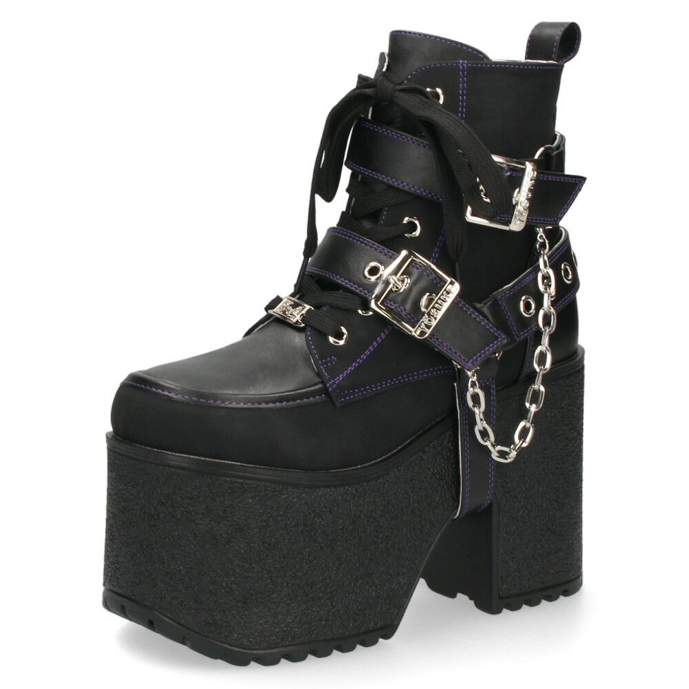 ヨースケ 厚底ブーツ レディース 靴 YOSUKE 4460118 ベルト チェーン サイドファスナー レースアップ 幅広 3E ブラック 黒 ブーツ