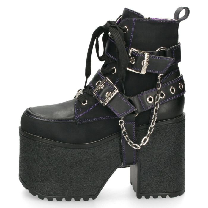 ヨースケ 厚底ブーツ レディース 靴 YOSUKE 4460118 ベルト チェーン サイドファスナー レースアップ 幅広 3E ブラック 黒 ブーツ
