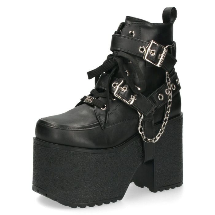 ヨースケ 厚底ブーツ レディース 靴 YOSUKE 4460118 ベルト チェーン サイドファスナー レースアップ 幅広 3E ブラック 黒 ブーツ