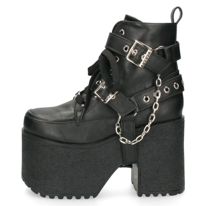 ヨースケ 厚底ブーツ レディース 靴 YOSUKE 4460118 ベルト チェーン サイドファスナー レースアップ 幅広 3E ブラック 黒 ブーツ