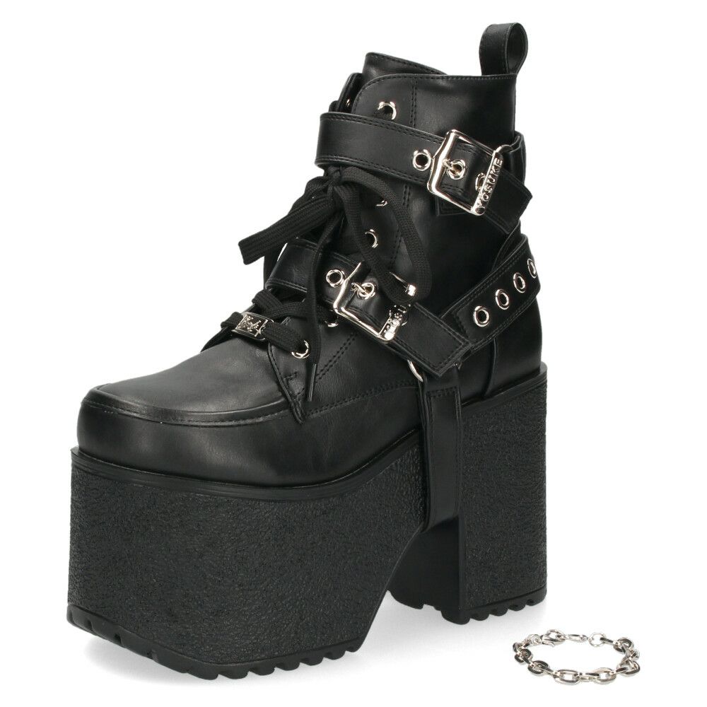 ヨースケ 厚底ブーツ レディース 靴 YOSUKE 4460118 ベルト チェーン サイドファスナー レースアップ 幅広 3E ブラック 黒 ブーツ